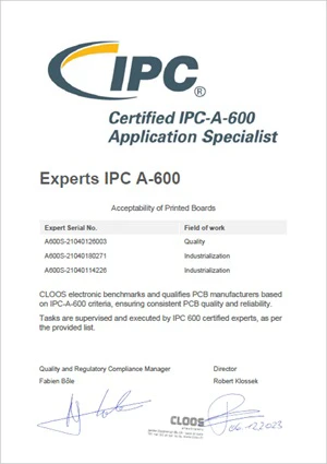 Image présentant les experts IPC 600 en fabrication de PCBA chez CLOOS electronic et leurs domaines de compétences. Ces experts assurent la qualité dans l'approvisionnement des PCB et qualifient les fournisseurs de PCB, afin de garantir les plus hauts standards de production et la fiabilité des produits finaux.