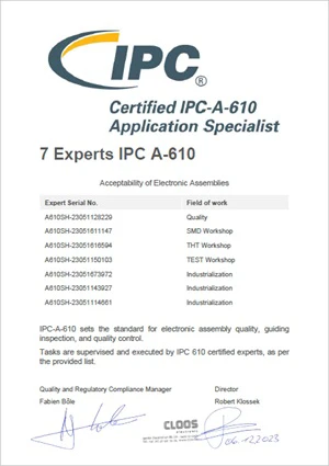 Image présentant les experts IPC 610 de CLOOS electronic et leurs domaines de compétences. Ces experts garantissent la qualité de l'assemblage SMD et THT des PCBAs chez CLOOS electronic, en veillant à ce que tous les processus de fabrication respectent les normes élevées de l'IPC 610, permettant une qualité de produit excellente.