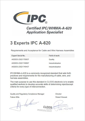 Image présentant les experts IPC 620 de la fabrication de câbles chez CLOOS electronic et leurs domaines de compétences. Ces experts garantissent que la confection de câbles respecte les normes élevées de l'IPC 620, assurant ainsi une qualité et une fiabilité exceptionnelles des produits.