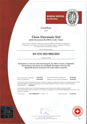 Image de la certification ISO 9001 de CLOOS electronic, mettant en évidence leurs systèmes de gestion de la qualité dans la production électronique et la fabrication de systèmes microtechniques pour les clients.