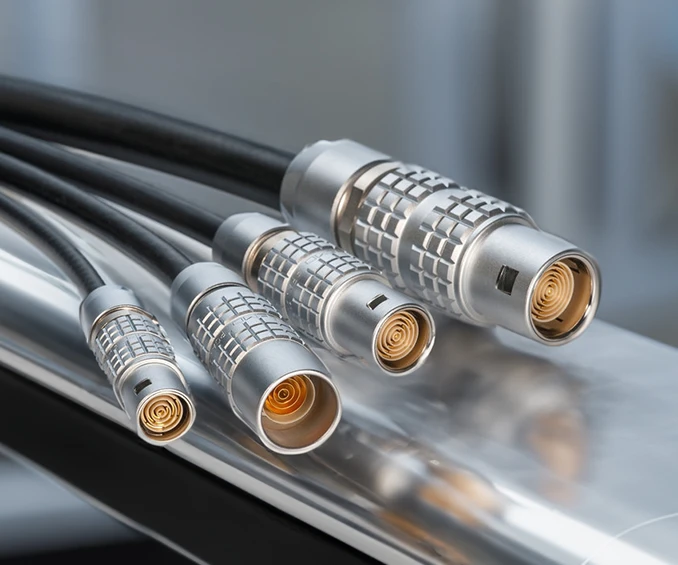 Image de câbles de dispositif de haute qualité pour des dispositifs de technologie médicale, équipés de connecteurs LEMO. Cet exemple met en lumière l'expertise de CLOOS electronic en matière de confection de câbles, soulignant la capacité à fournir des solutions de câblage spécialisées et fiables pour des applications médicales exigeantes.